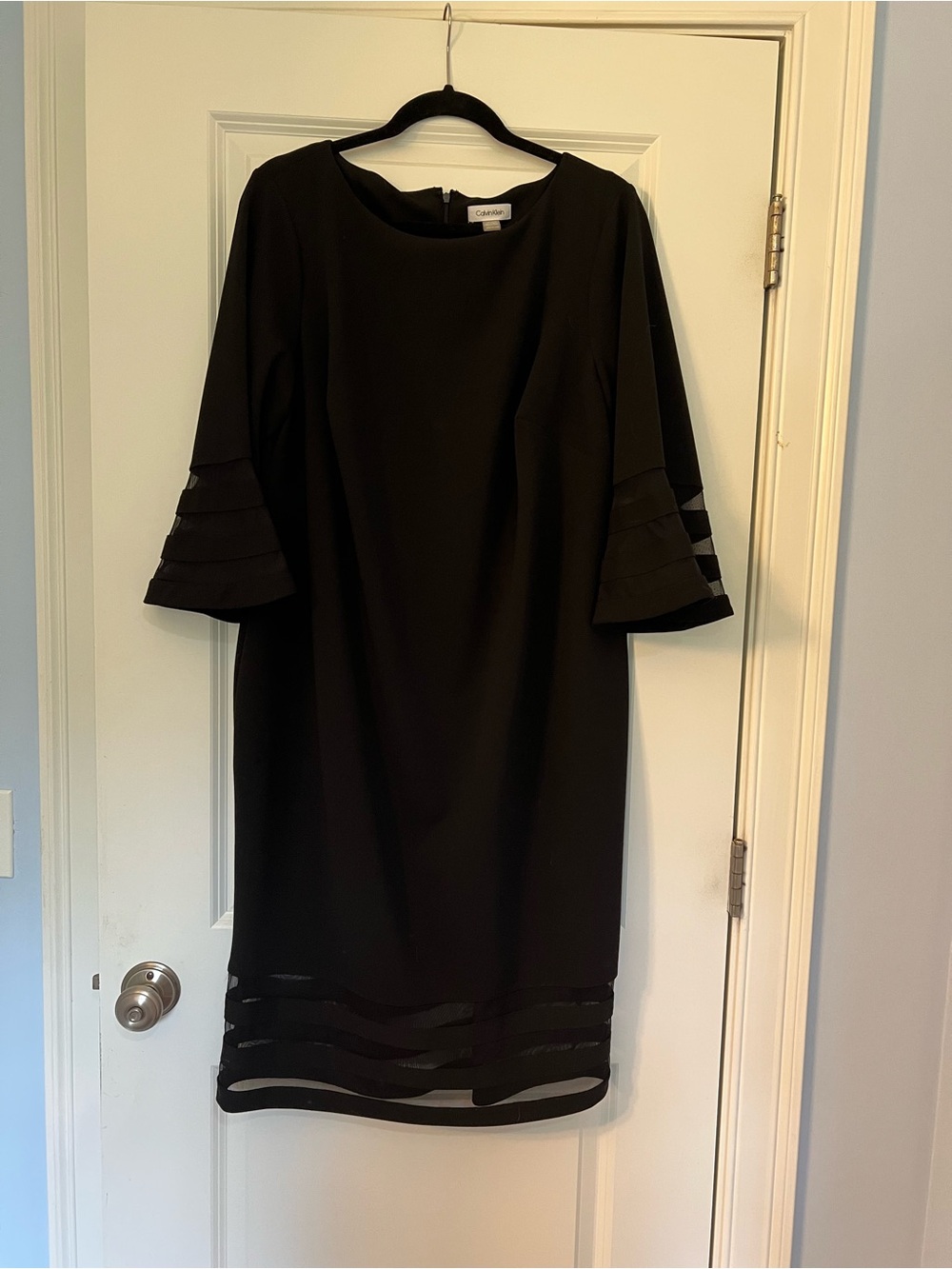 Calvin Klein Black Midi Dress Sheer Panels cocktail lbd evening semi formal